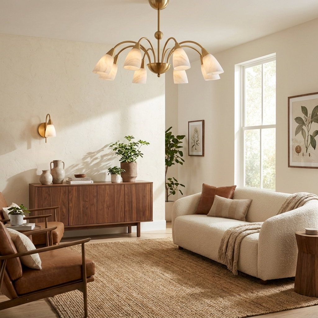 Beside a wall sconce and leather armchair, this Clérachic chandelier's brass arms glow warmly in a sunlit living room.
