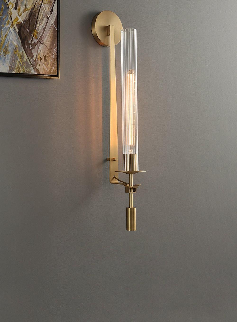 Væglampe, massiv messing, ribbet klart glas, E27, fransk klassicisme