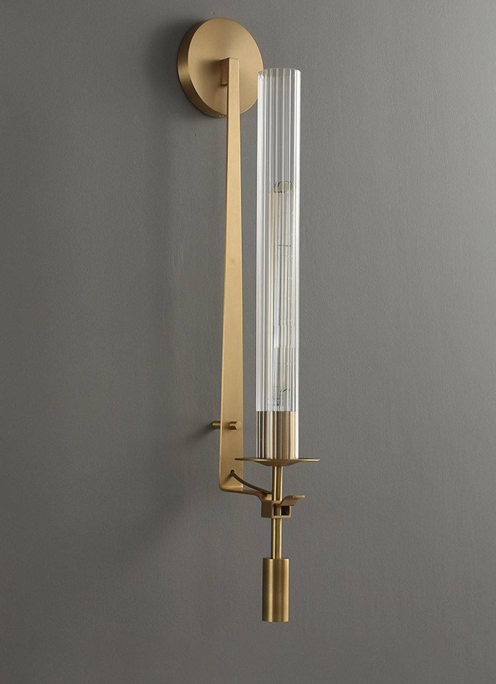 Væglampe, massiv messing, ribbet klart glas, E27, fransk klassicisme