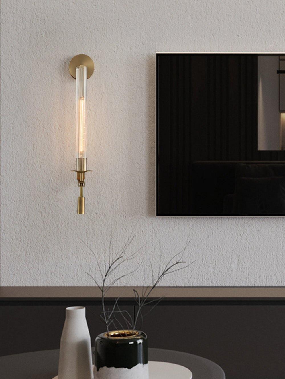 Væglampe, massiv messing, ribbet klart glas, E27, fransk klassicisme