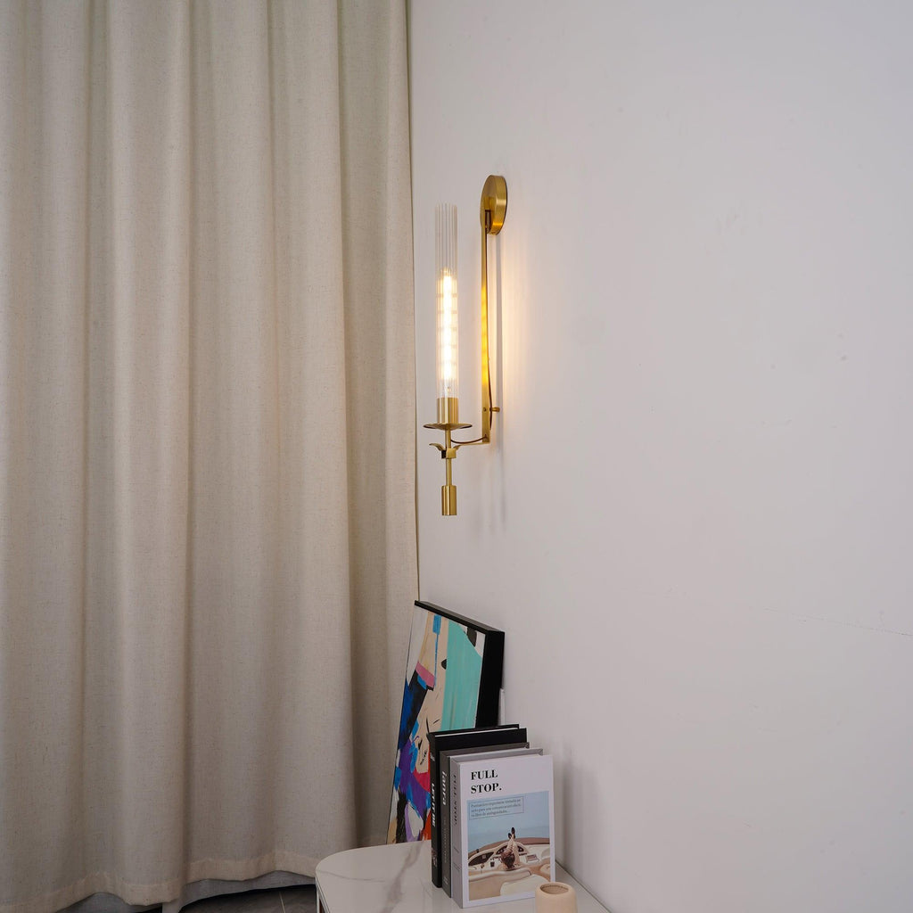 Væglampe, massiv messing, ribbet klart glas, E27, fransk klassicisme
