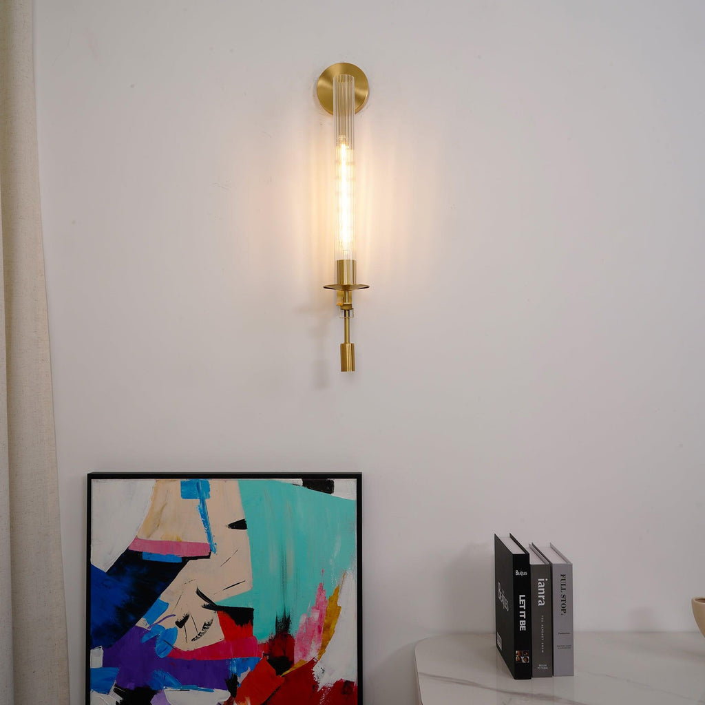 Væglampe, massiv messing, ribbet klart glas, E27, fransk klassicisme