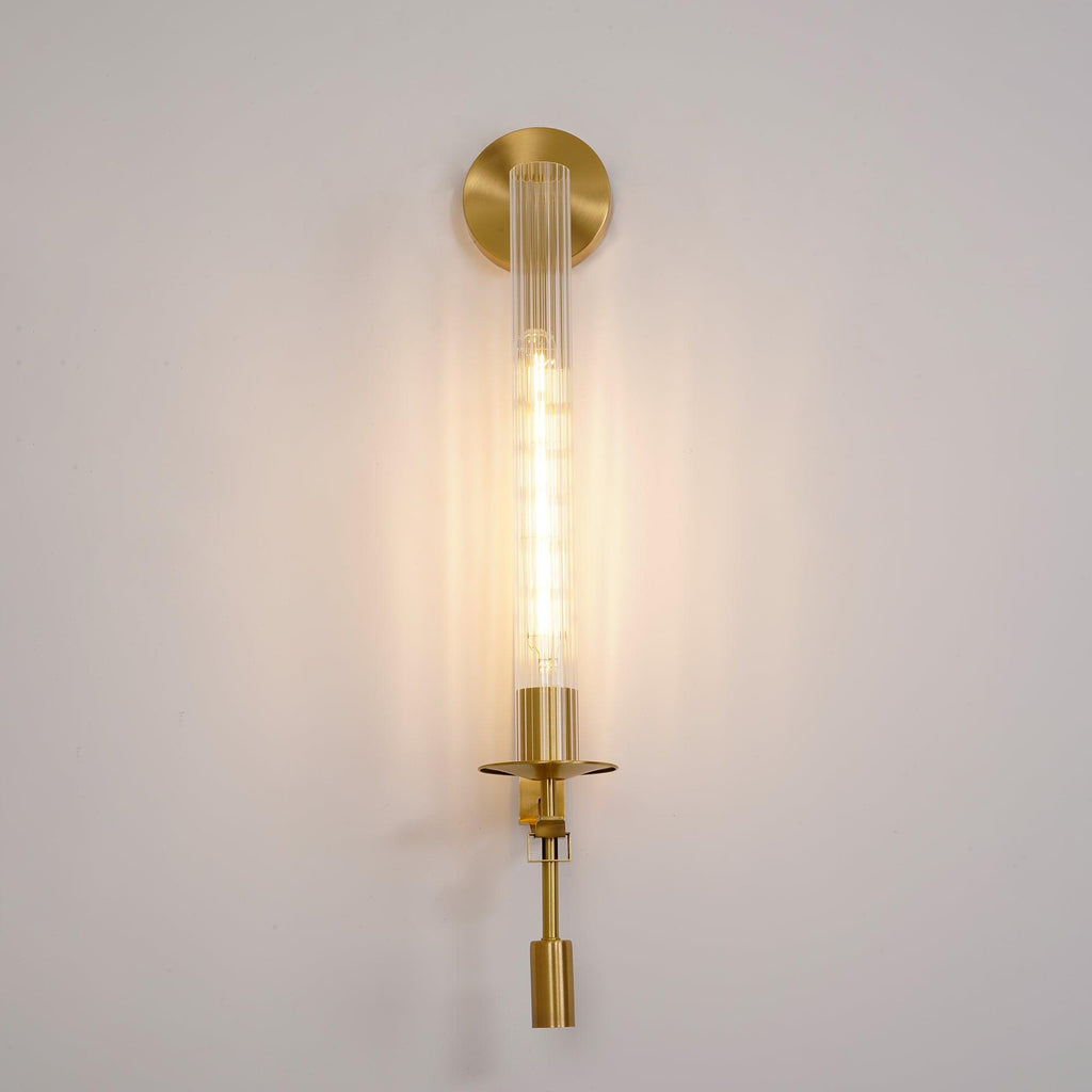 Væglampe, massiv messing, ribbet klart glas, E27, fransk klassicisme