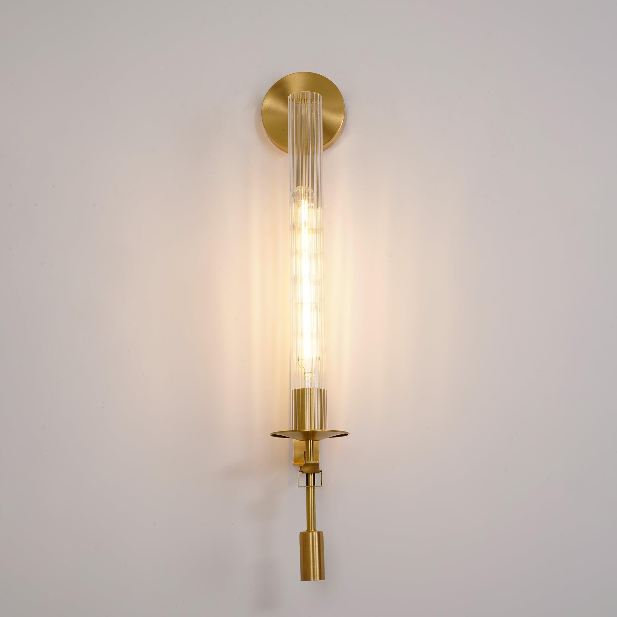 Væglampe, massiv messing, ribbet klart glas, E27, fransk klassicisme