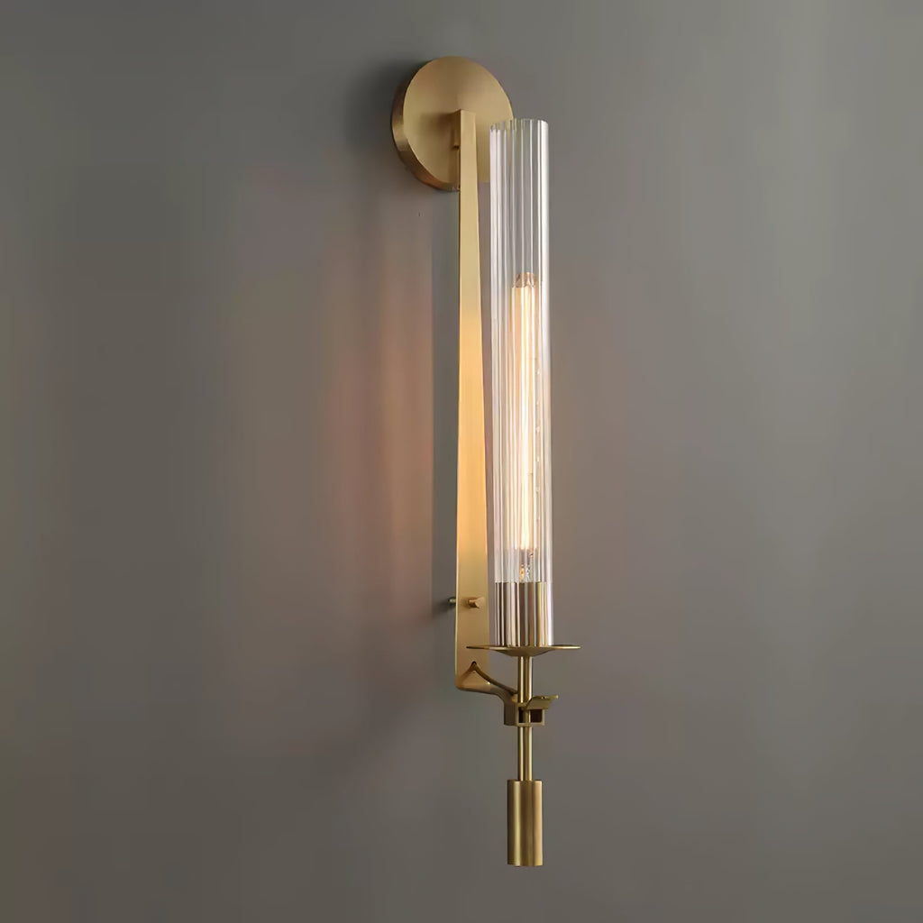 Væglampe, massiv messing, ribbet klart glas, E27, fransk klassicisme