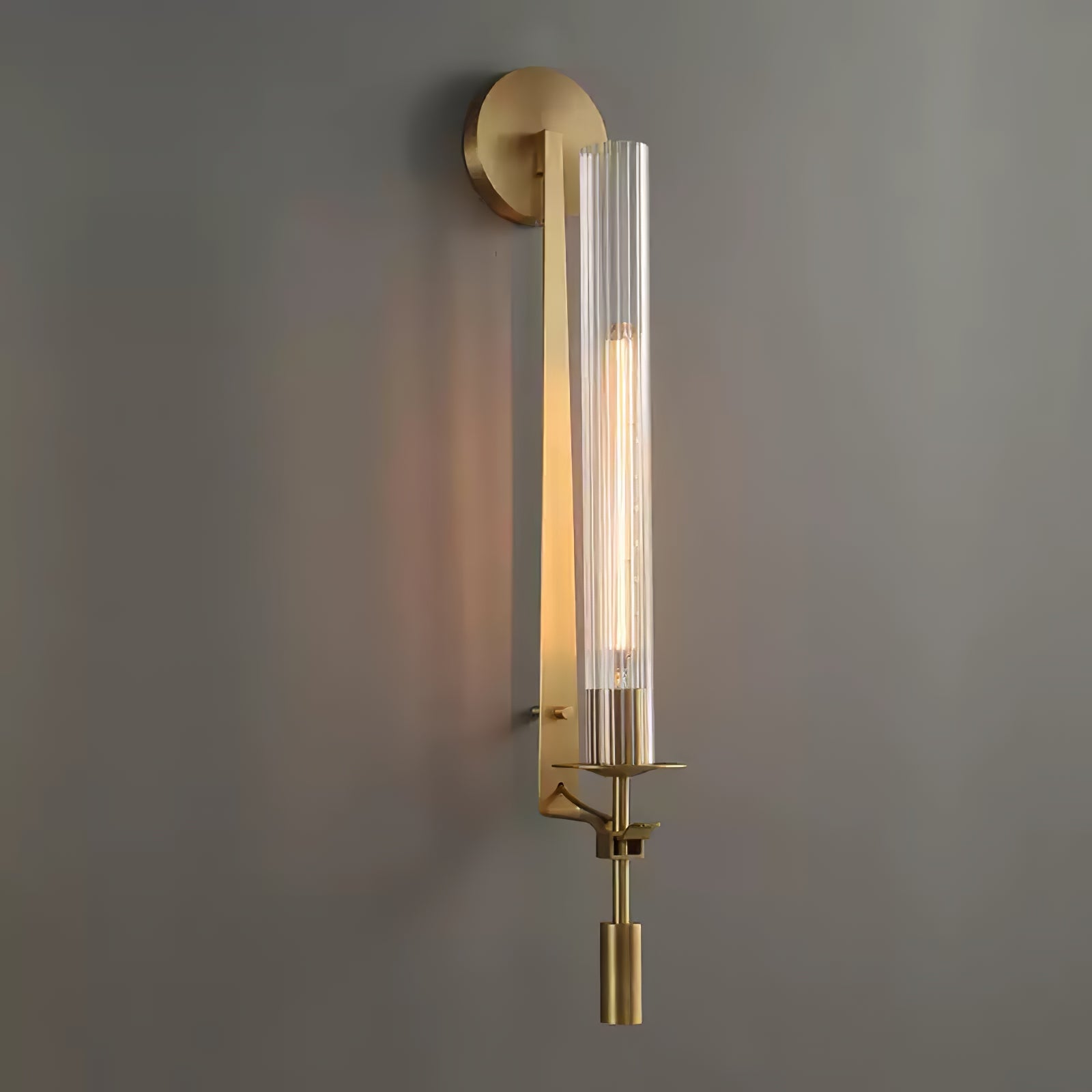 Væglampe, massiv messing, ribbet klart glas, E27, fransk klassicisme