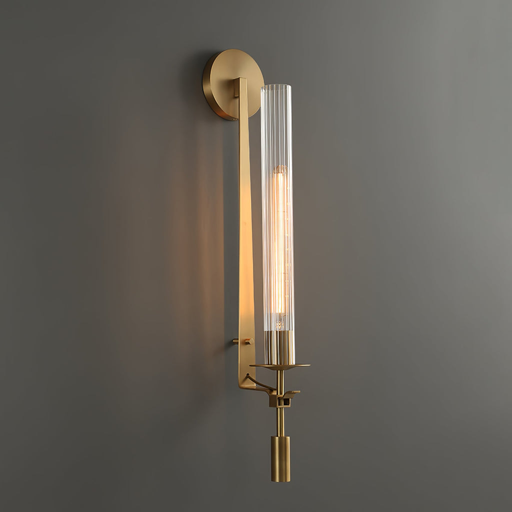 Væglampe, massiv messing, ribbet klart glas, E27, fransk klassicisme