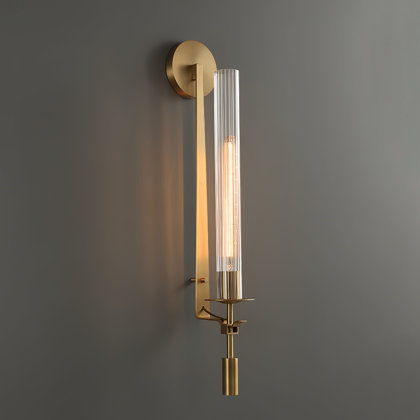 Væglampe, massiv messing, ribbet klart glas, E27, fransk klassicisme