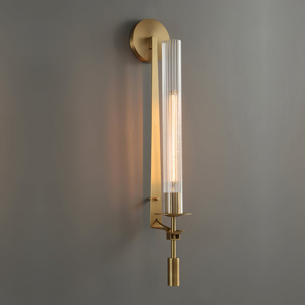 Væglampe, massiv messing, ribbet klart glas, E27, fransk klassicisme