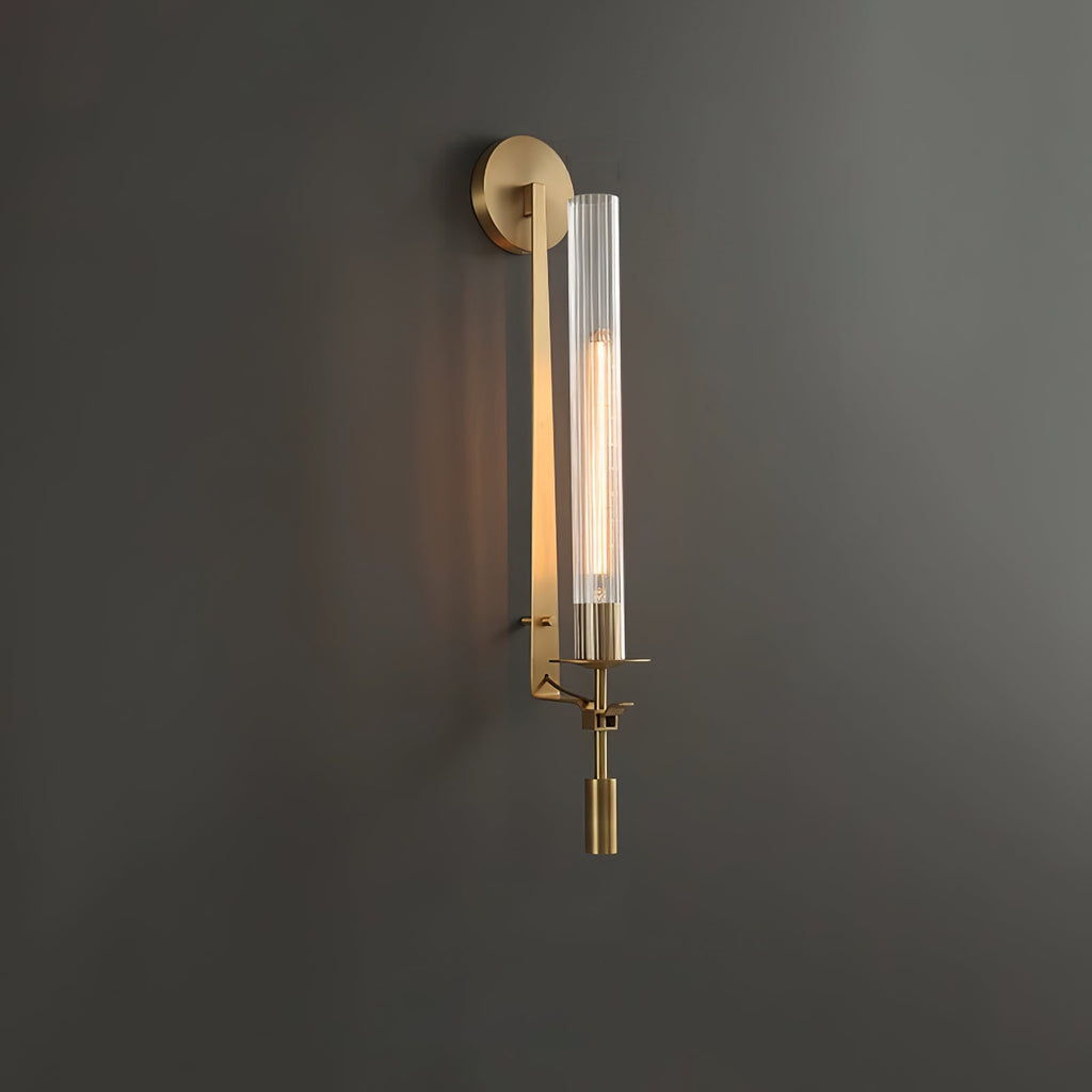 Væglampe, massiv messing, ribbet klart glas, E27, fransk klassicisme