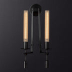 Ribbed glass wall sconce with warm filament bulb glowing