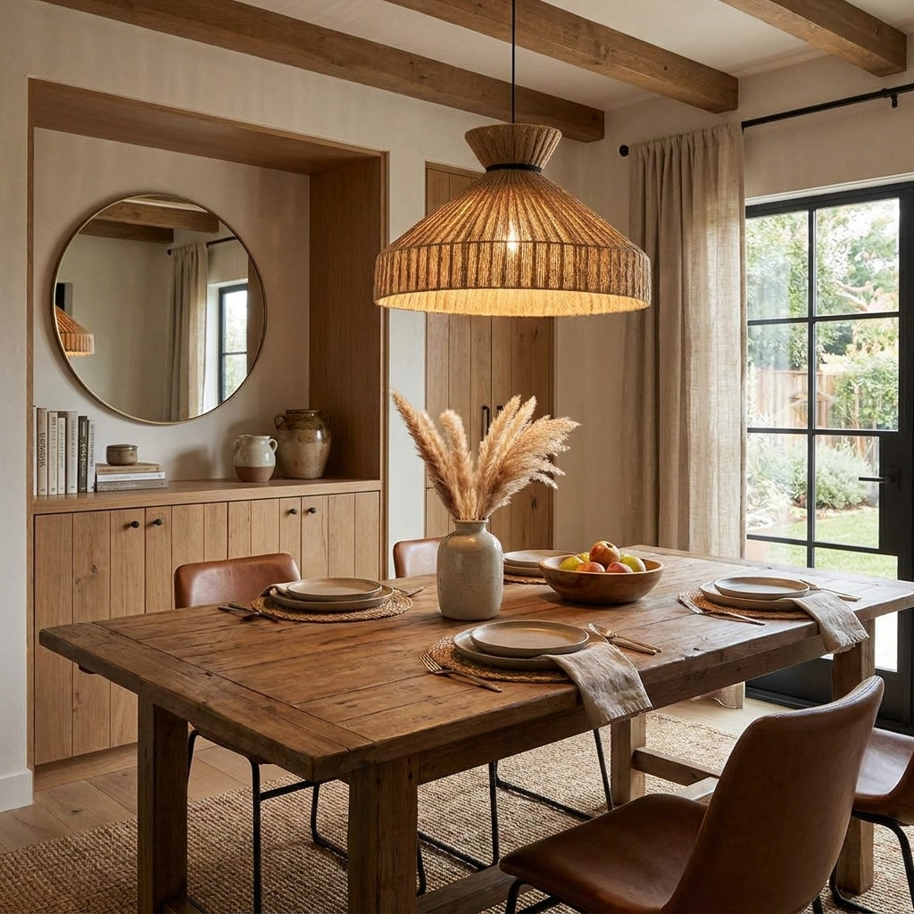 This Clérachic pendant hangs over a long wood dining table beneath exposed beams, a round mirror on the wall nearby.