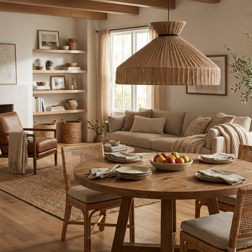 In an open living space, this Clérachic pendant hangs above a round dining table near a leather armchair and sofa.
