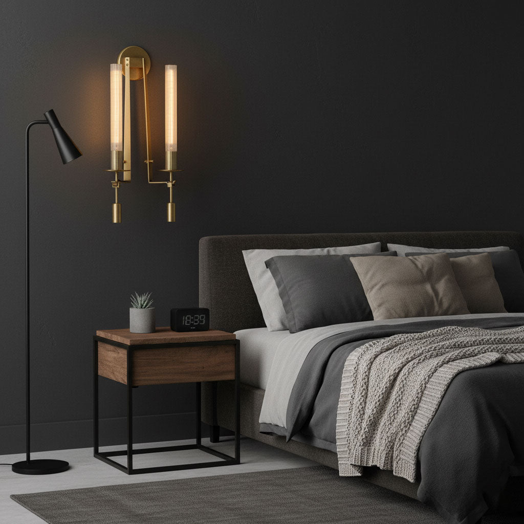 Brass wall sconce flanking a bed with warm candle-like glow