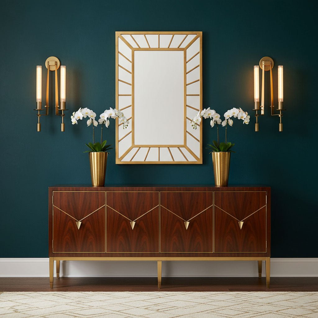 Brass wall sconce with ribbed glass shade against dark wall