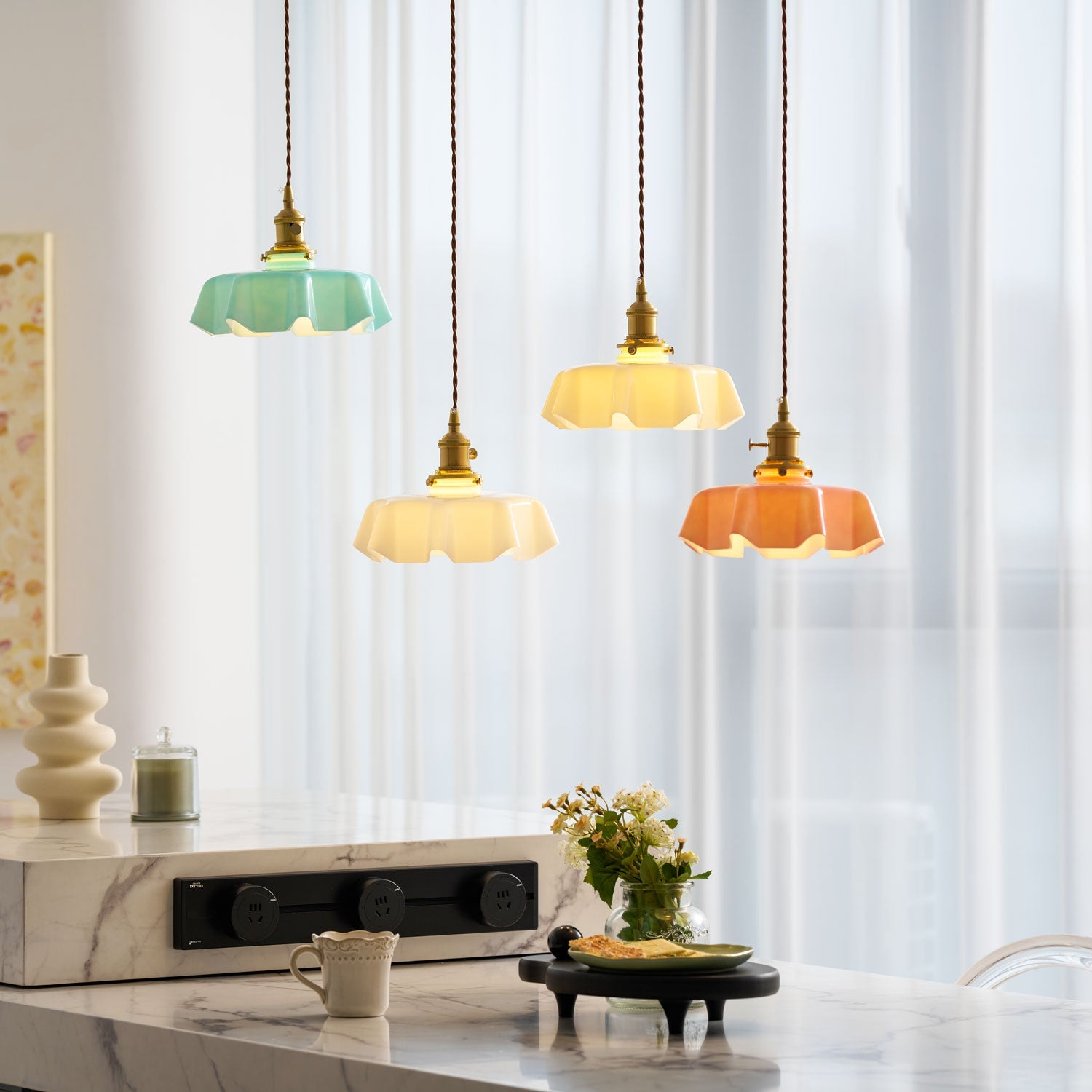 French Flower Pendant Light, Pleated Glass Shade, Brass, E27