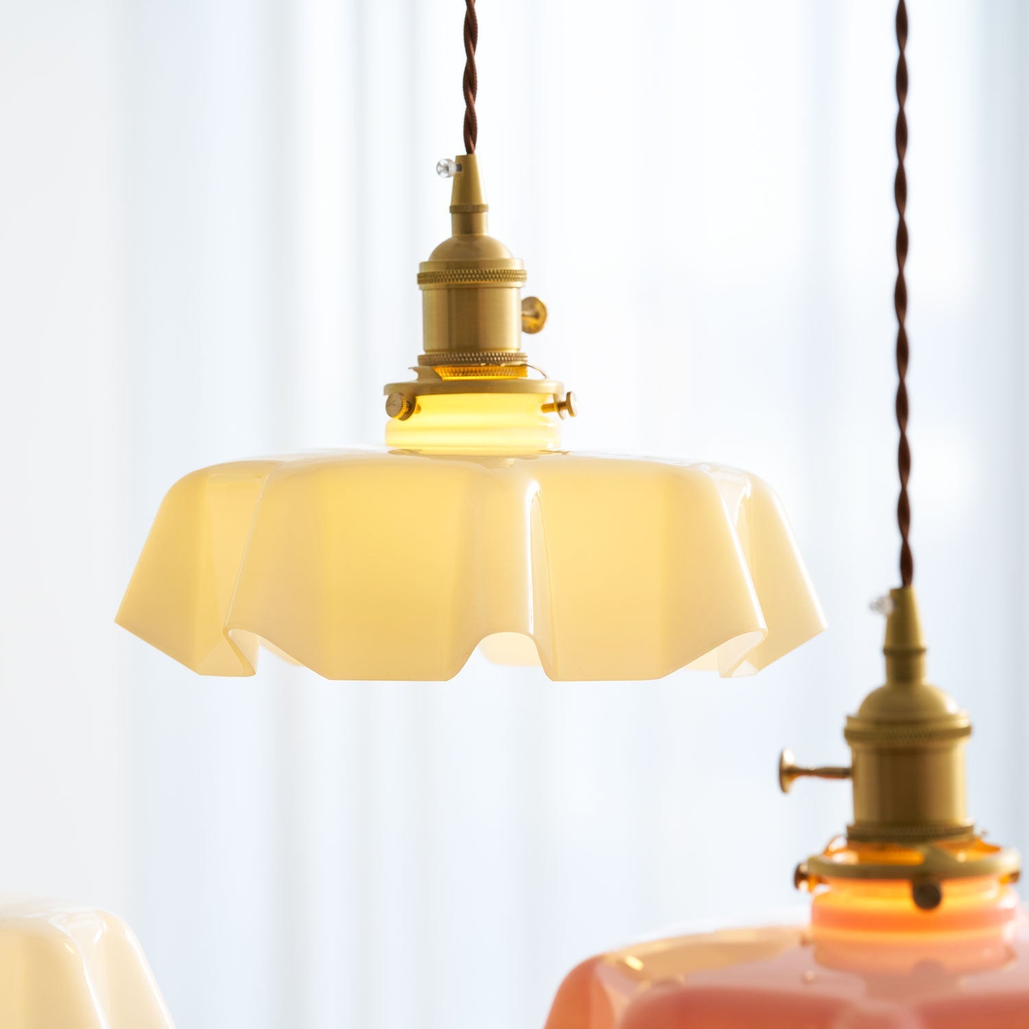 French Flower Pendant Light, Pleated Glass Shade, Brass, E27
