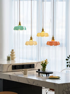 French Flower Pendant Light, Pleated Glass Shade, Brass, E27