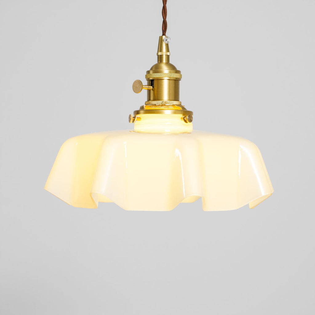 French Flower Pendant Light, Pleated Glass Shade, Brass, E27