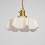 French Flower Pendant Light, Pleated Glass Shade, Brass, E27