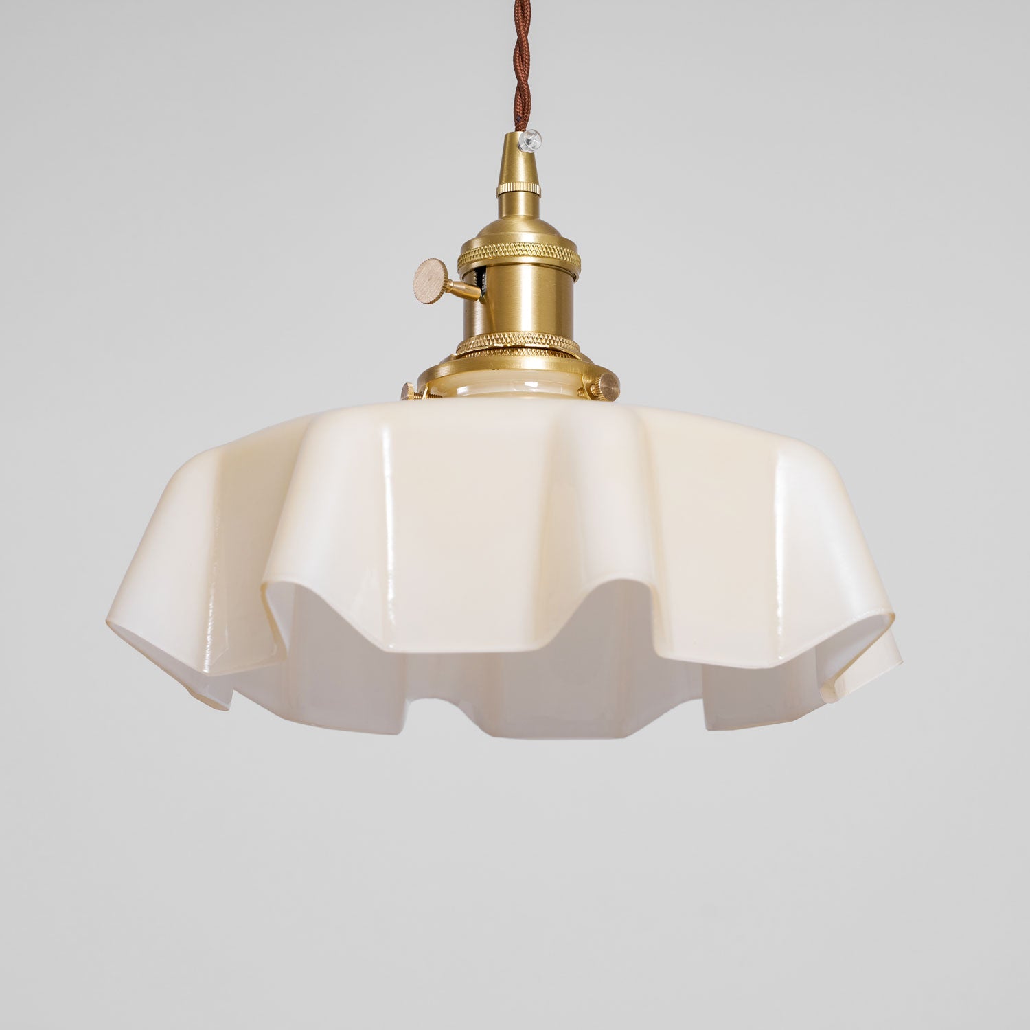 French Flower Pendant Light, Pleated Glass Shade, Brass, E27