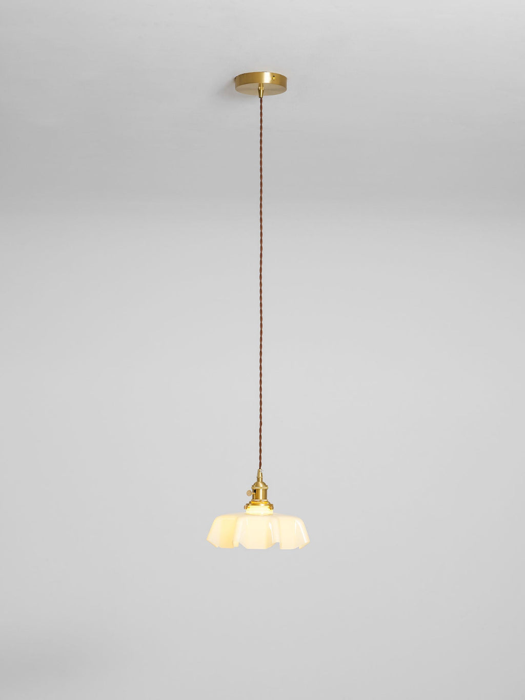 French Flower Pendant Light, Pleated Glass Shade, Brass, E27