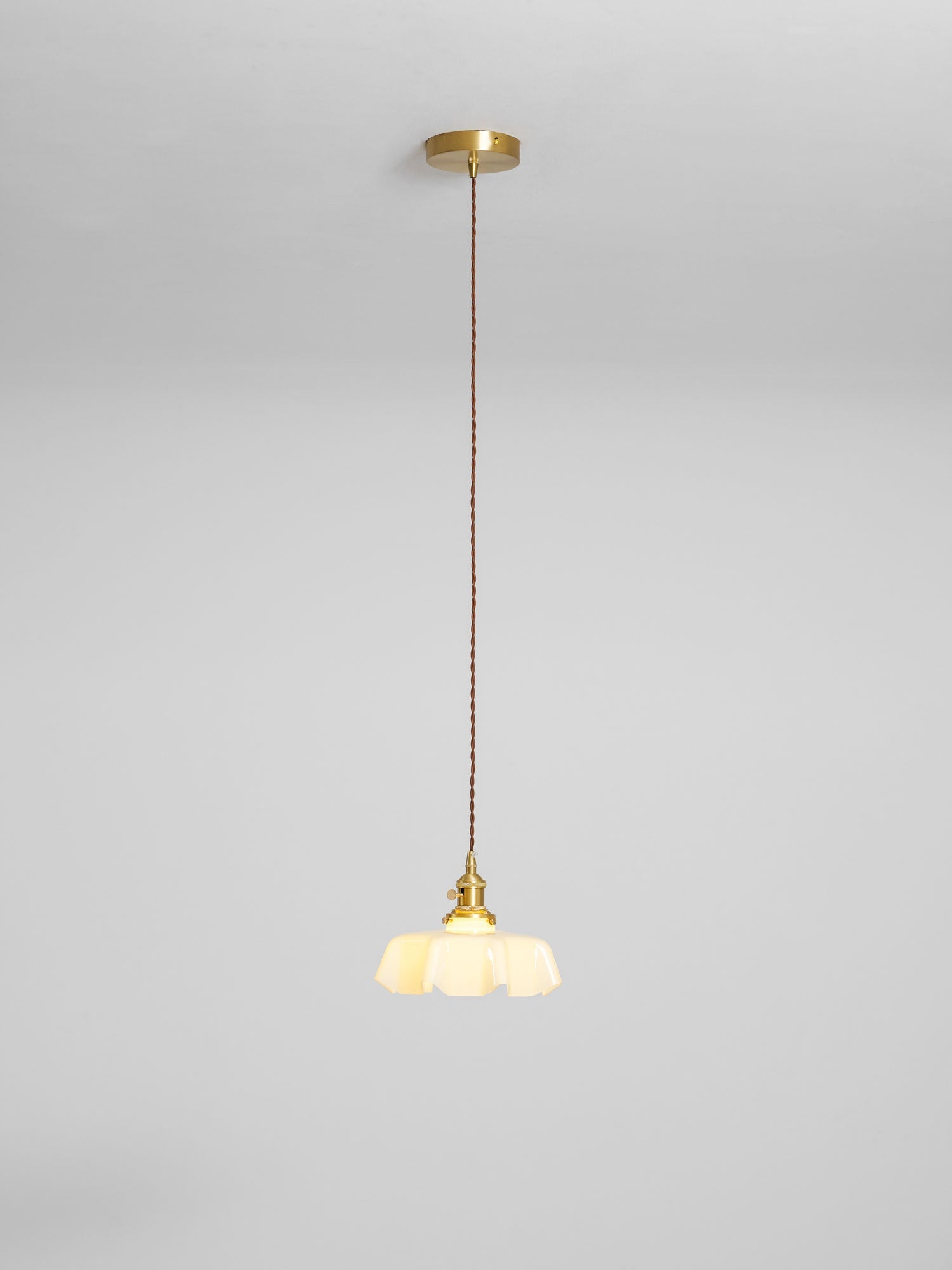 French Flower Pendant Light, Pleated Glass Shade, Brass, E27