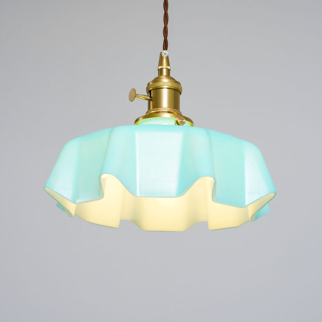 French Flower Pendant Light, Pleated Glass Shade, Brass, E27