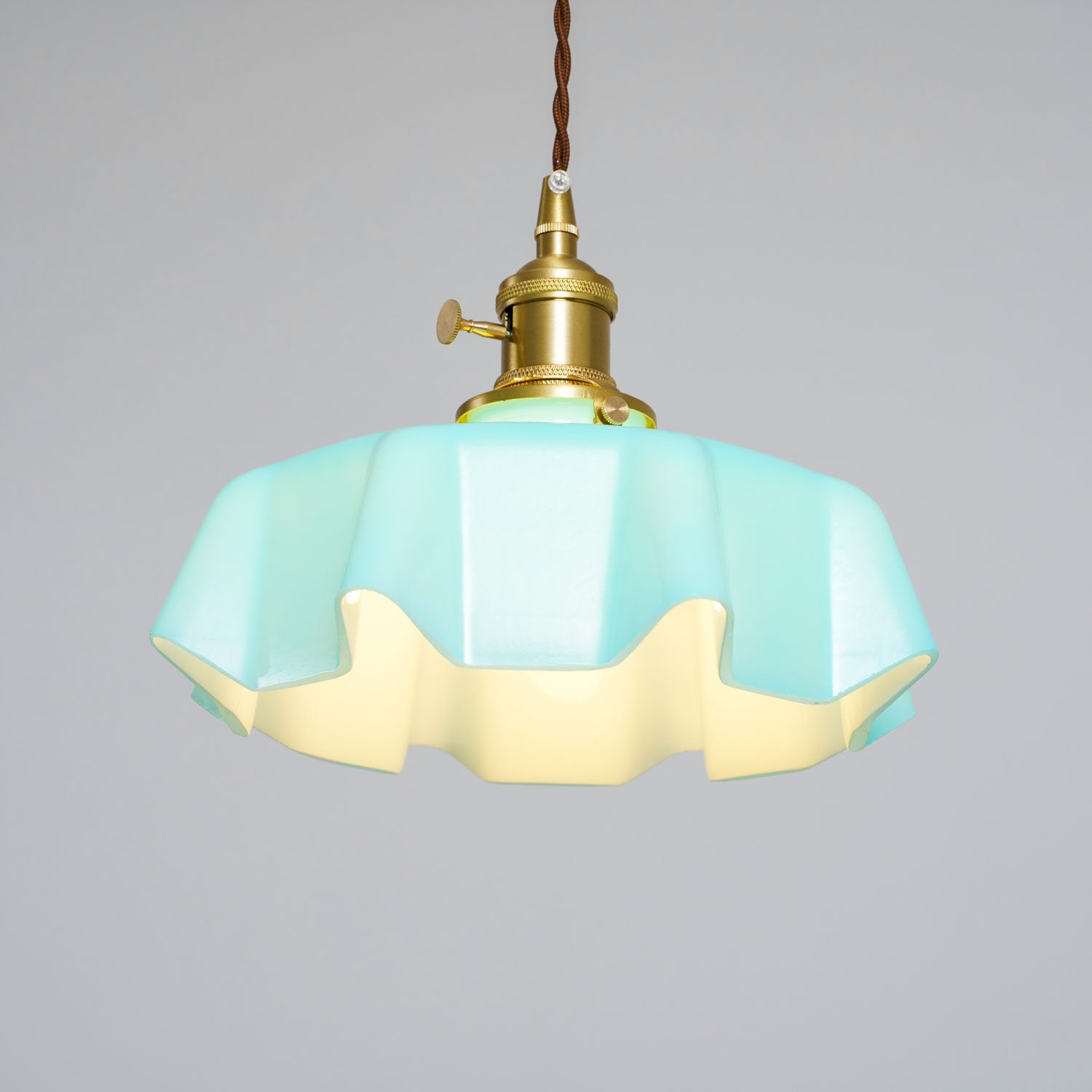 French Flower Pendant Light, Pleated Glass Shade, Brass, E27