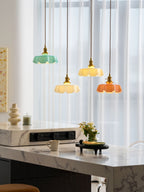 French Flower Pendant Light, Pleated Glass Shade, Brass, E27