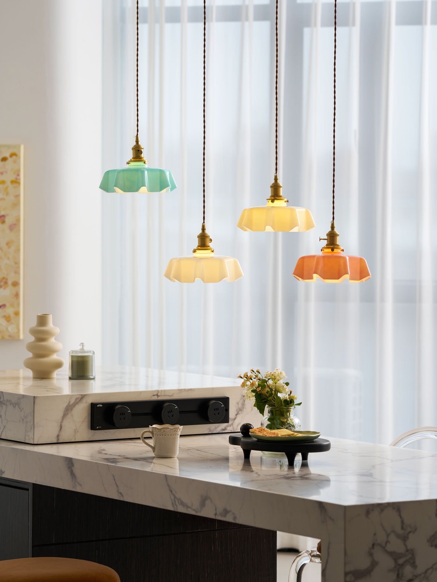 French Flower Pendant Light, Pleated Glass Shade, Brass, E27