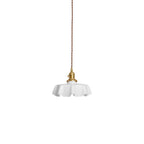 French Flower pendant light with pleated glass shade and brass body