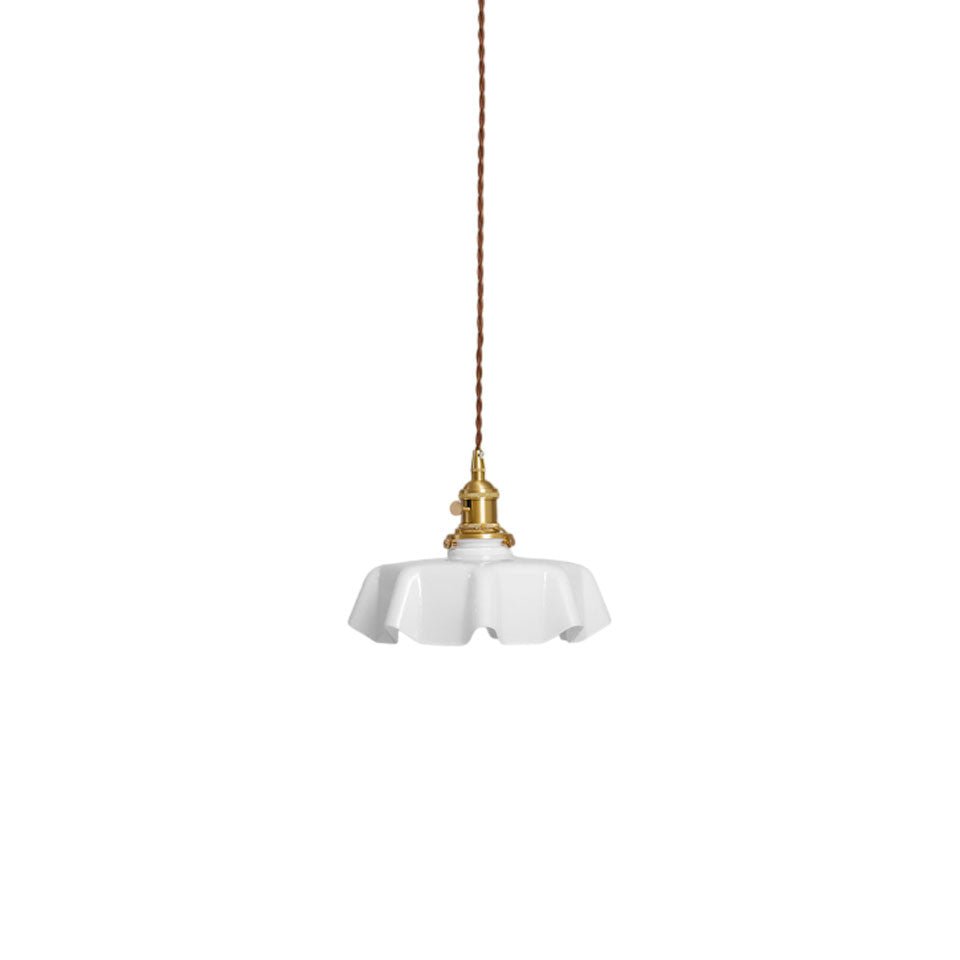 French Flower pendant light with pleated glass shade and brass body