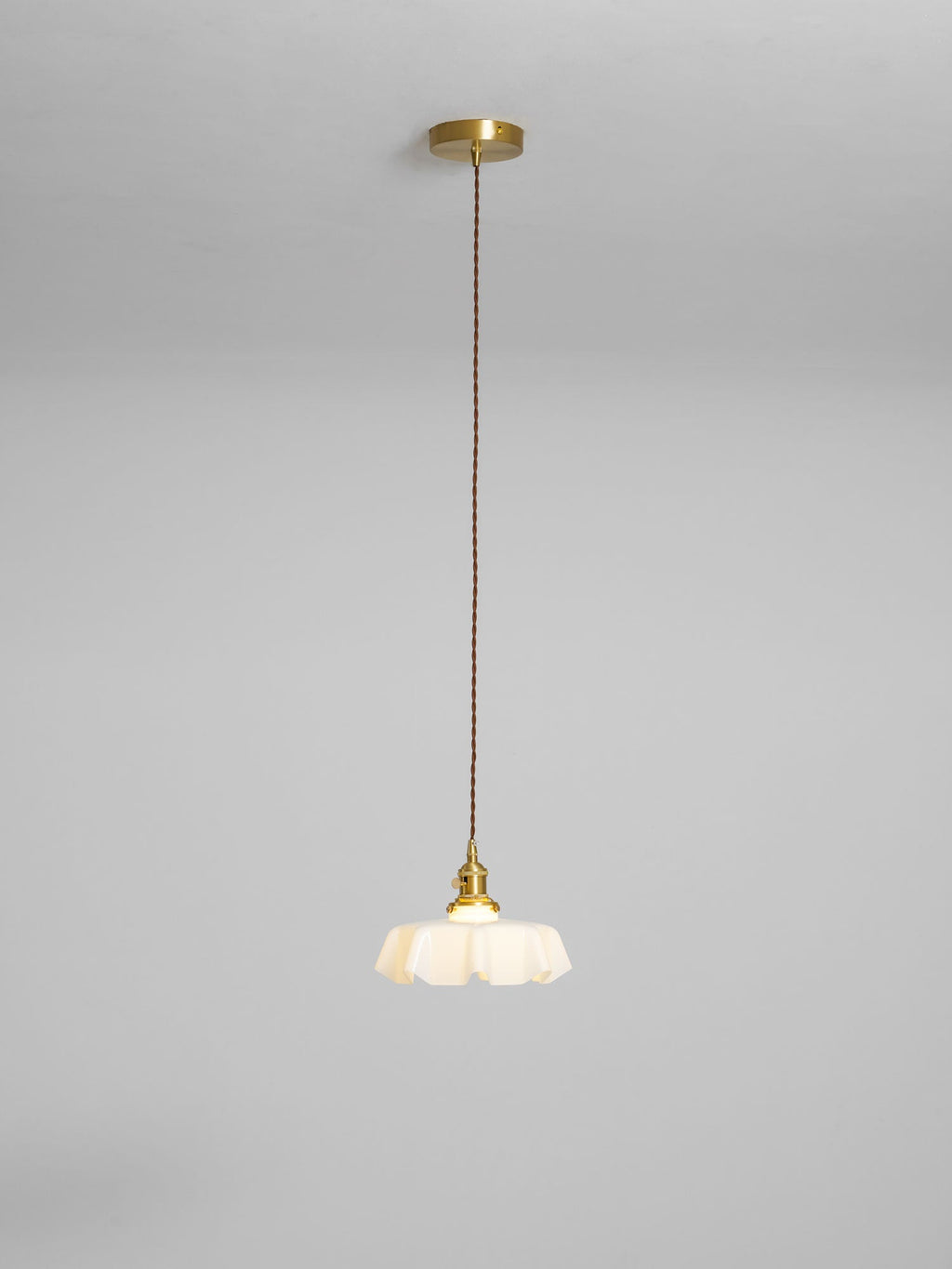 French Flower Pendant Light, Pleated Glass Shade, Brass, E27