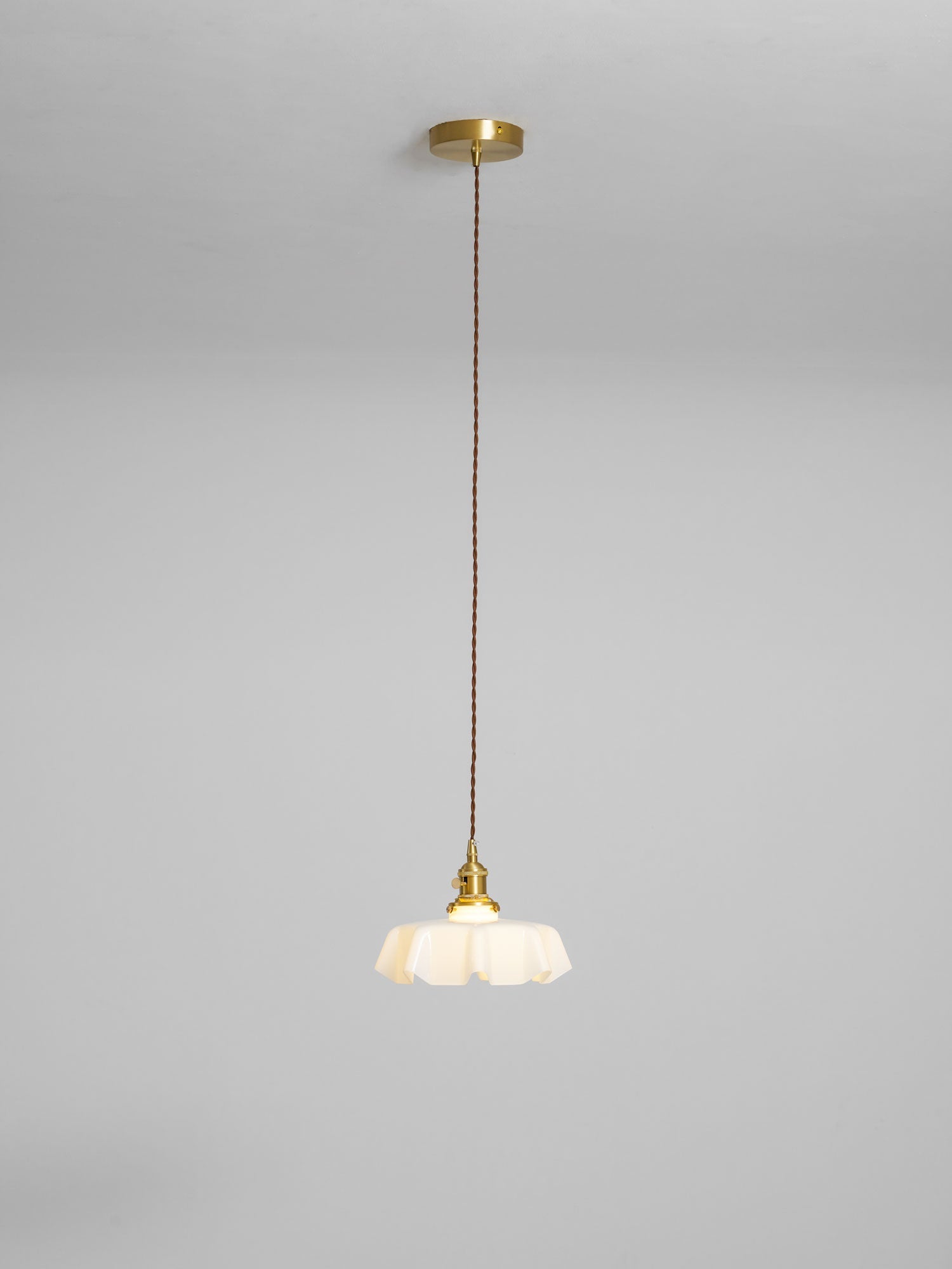 French Flower Pendant Light, Pleated Glass Shade, Brass, E27