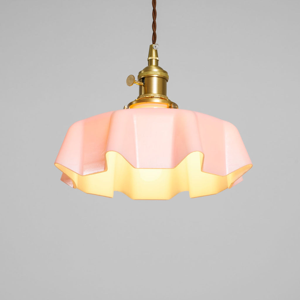 French Flower Pendant Light, Pleated Glass Shade, Brass, E27