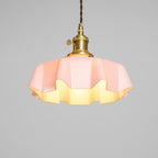 French Flower Pendant Light, Pleated Glass Shade, Brass, E27