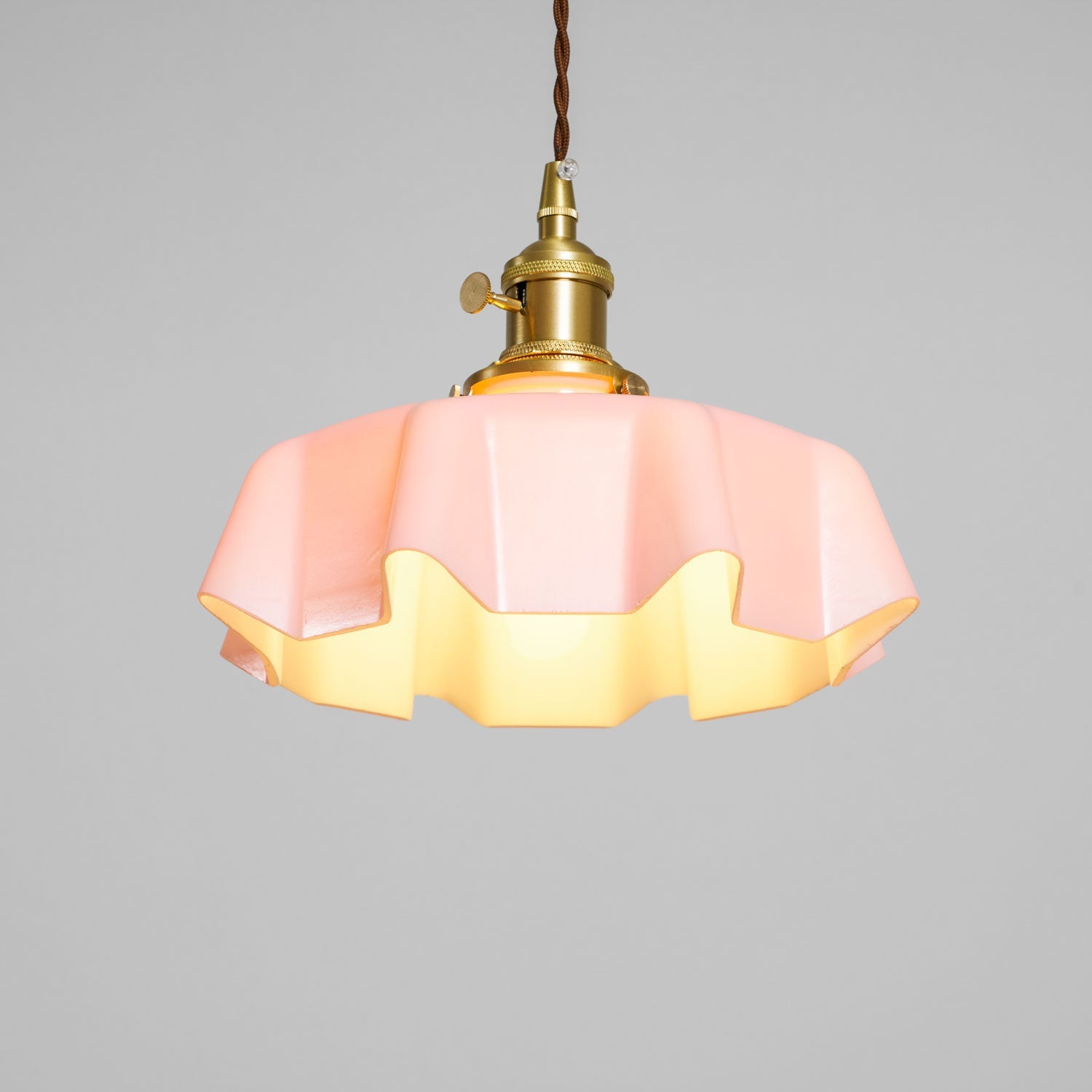 French Flower Pendant Light, Pleated Glass Shade, Brass, E27