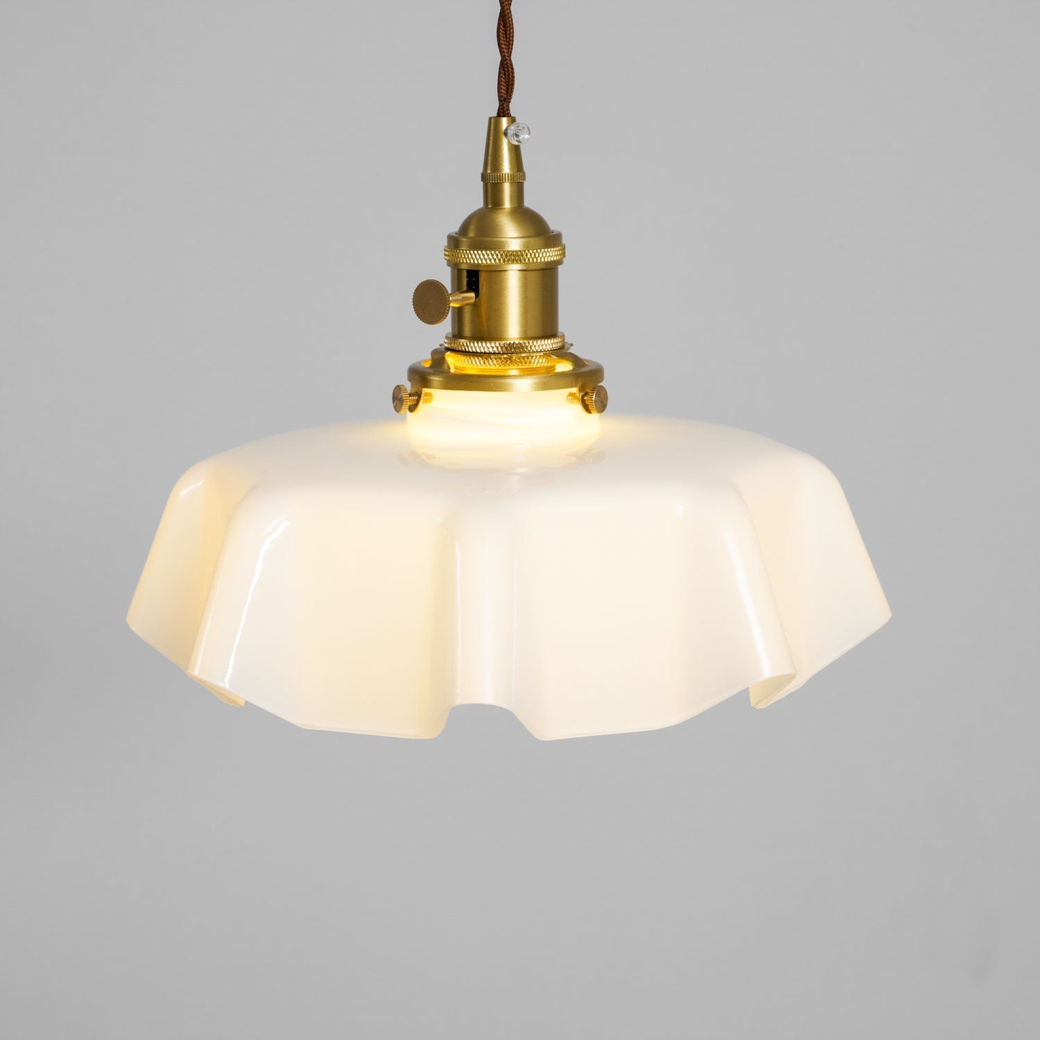 French Flower Pendant Light, Pleated Glass Shade, Brass, E27