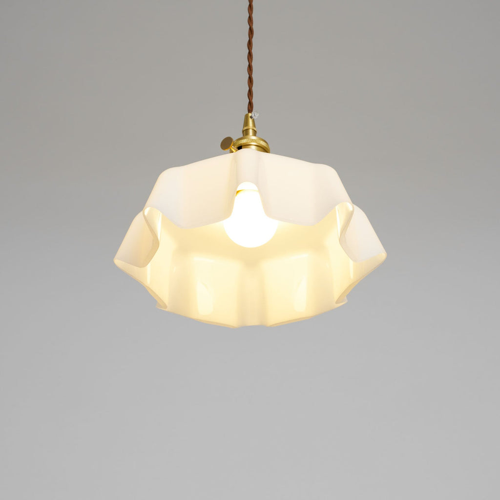 French Flower Pendant Light, Pleated Glass Shade, Brass, E27