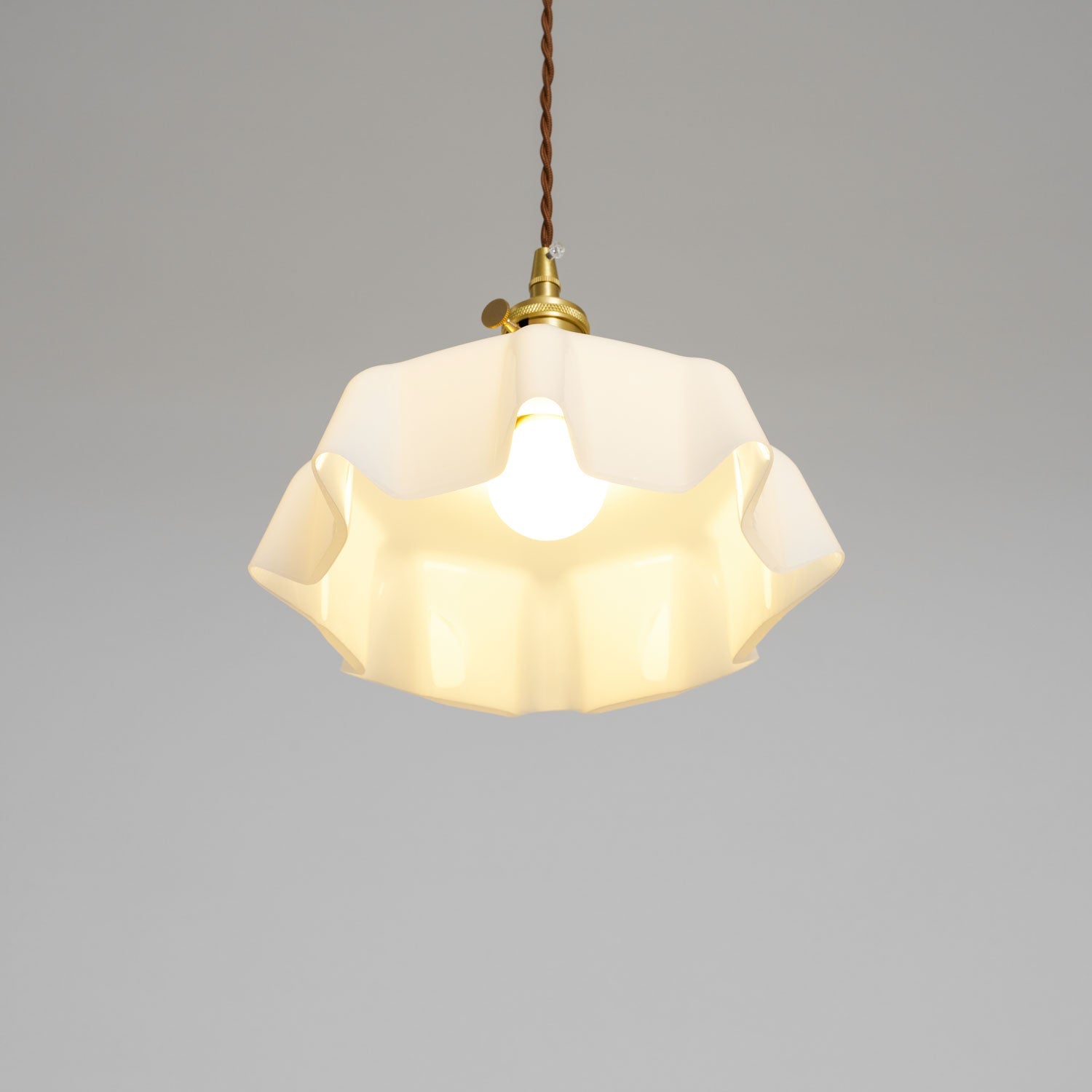 French Flower Pendant Light, Pleated Glass Shade, Brass, E27