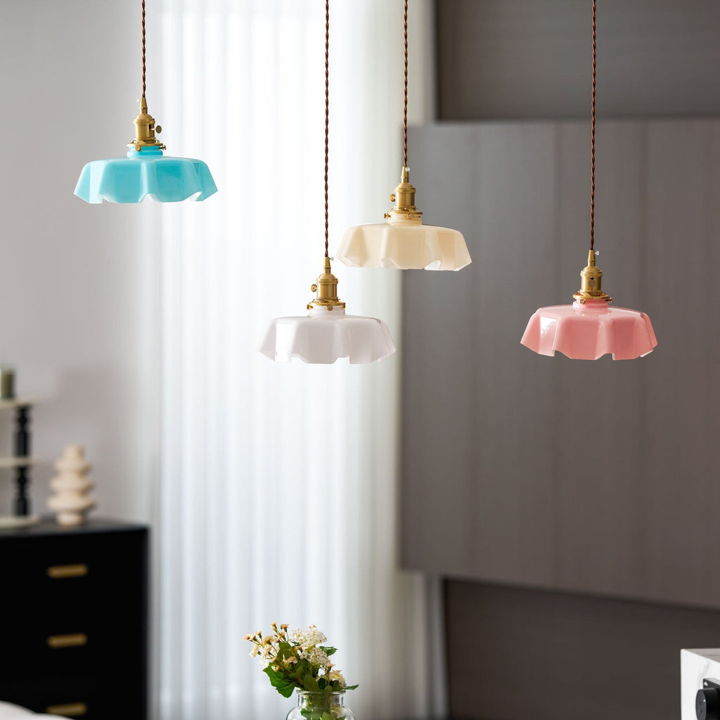 French Flower Pendant Light, Pleated Glass Shade, Brass, E27