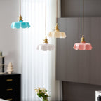 French Flower Pendant Light, Pleated Glass Shade, Brass, E27