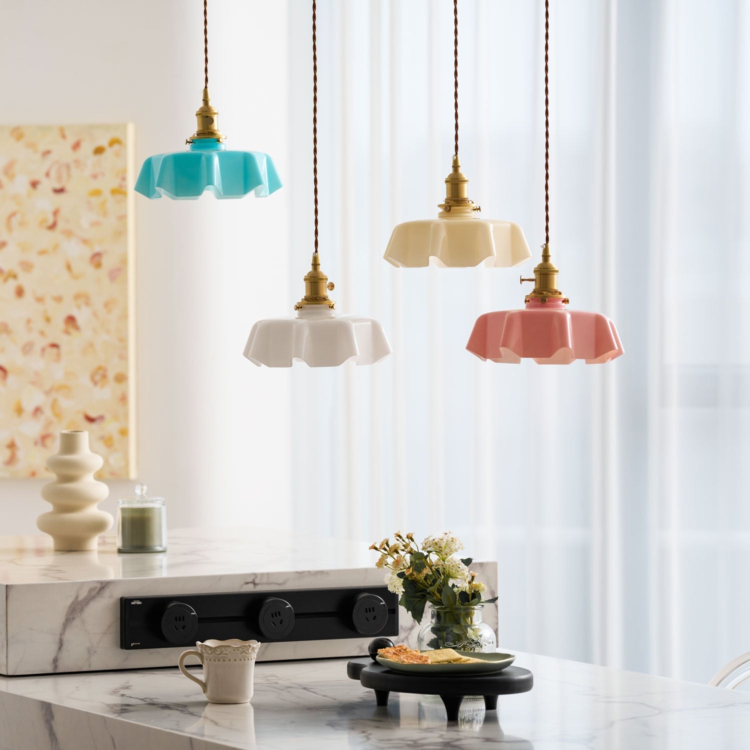 French Flower Pendant Light, Pleated Glass Shade, Brass, E27