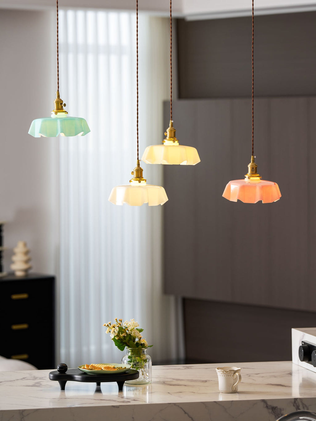French Flower Pendant Light, Pleated Glass Shade, Brass, E27