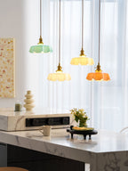 French Flower Pendant Light, Pleated Glass Shade, Brass, E27