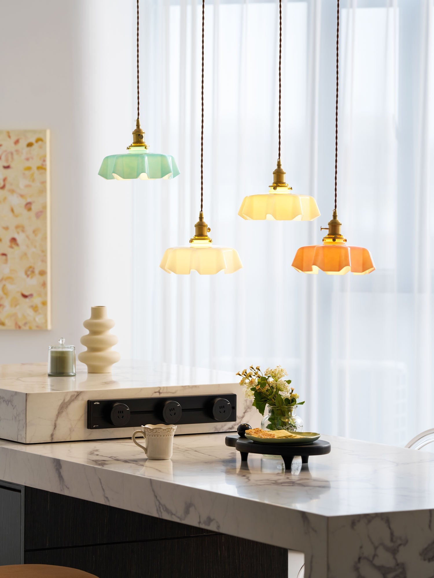 French Flower Pendant Light, Pleated Glass Shade, Brass, E27