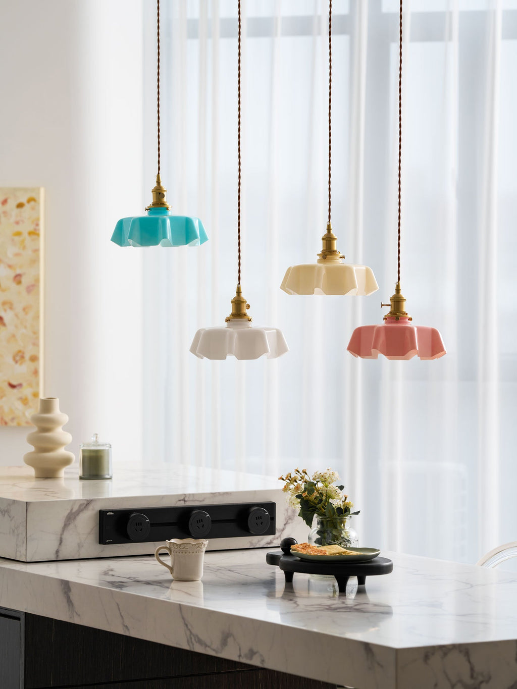 French Flower Pendant Light, Pleated Glass Shade, Brass, E27