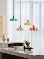 French Flower Pendant Light, Pleated Glass Shade, Brass, E27