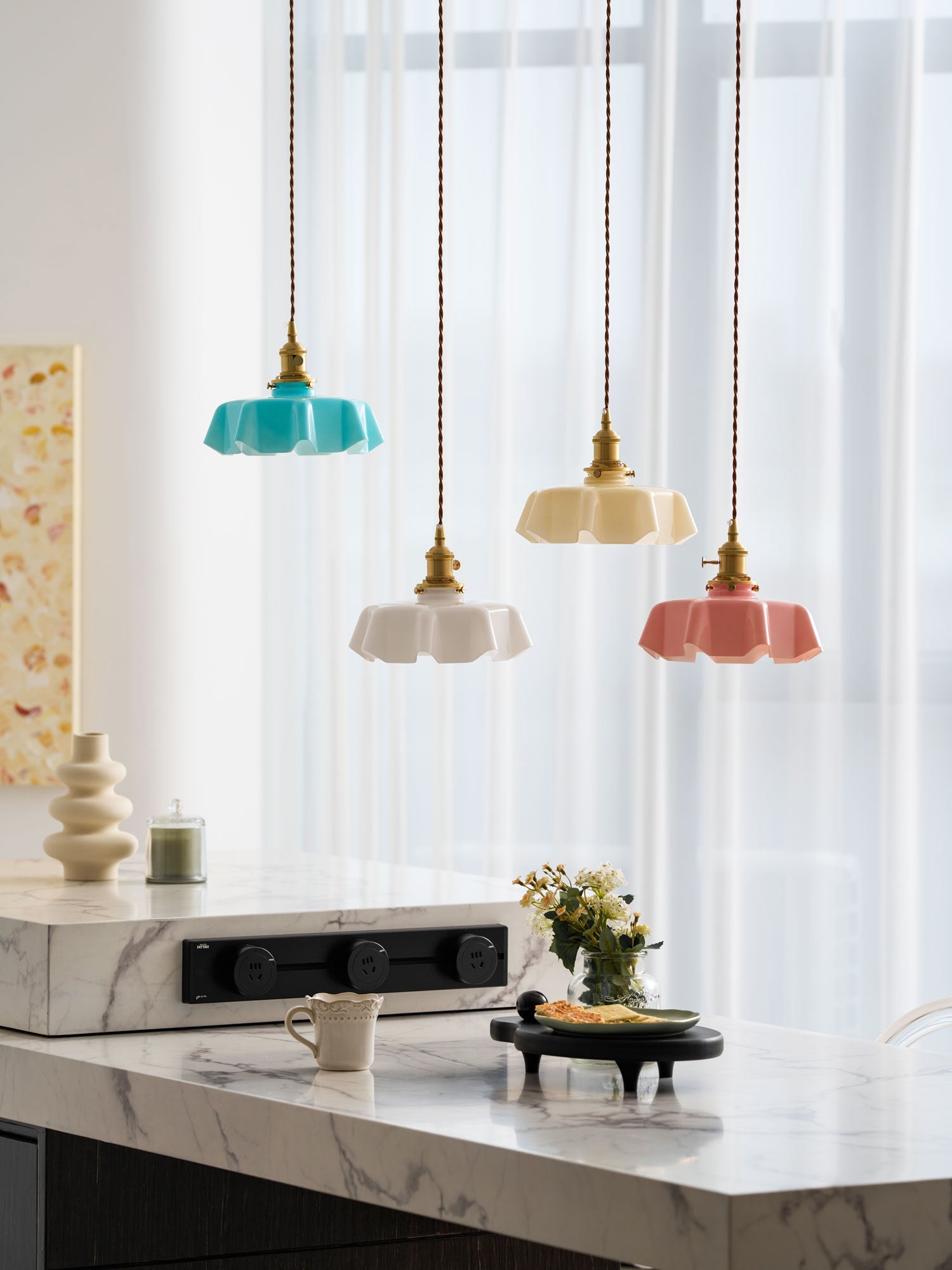 French Flower Pendant Light, Pleated Glass Shade, Brass, E27